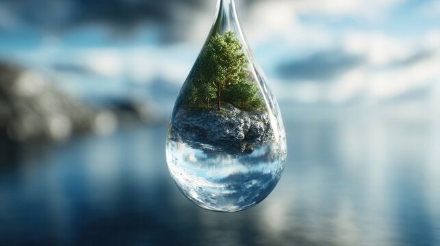 Water droplet encapsulates a tree on a small island reflecting a scenic landscape, symbolizing environmental consciousness and purity.