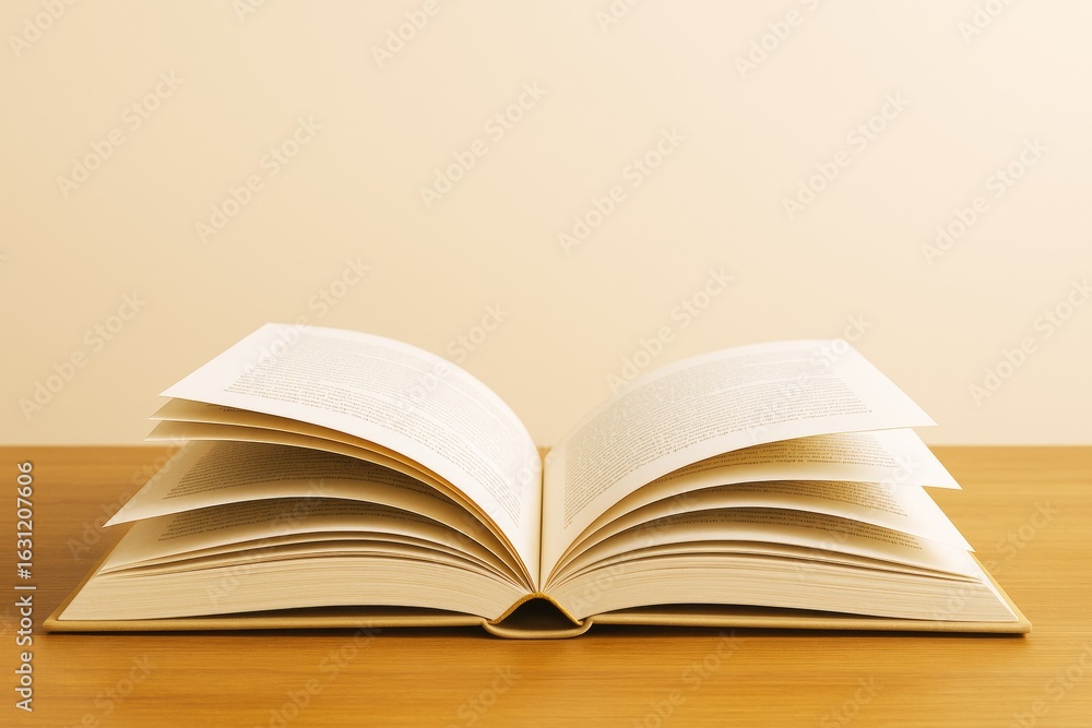 Poster open book with flipping pages on wooden desk under warm light on beige background symbolizing knowle