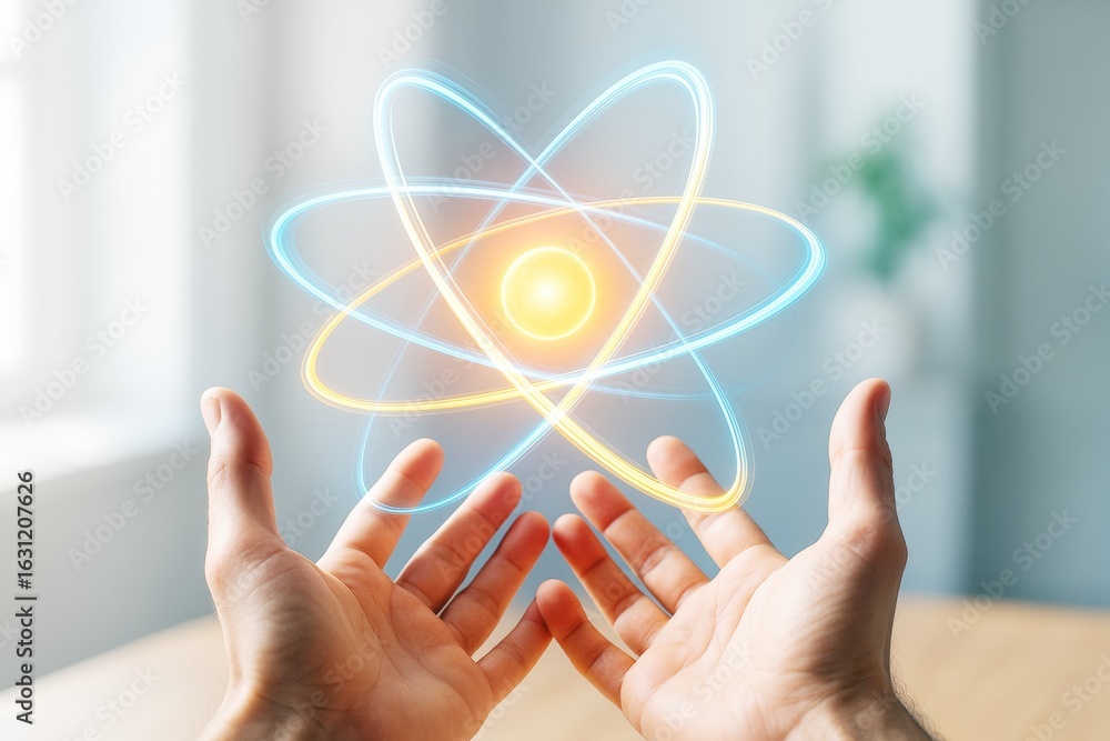 Aufkleber glowing atom symbol floating above open human hands with soft light on a bright indoor background re
