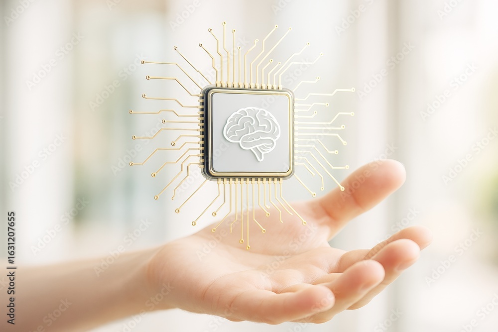 Poster futuristic artificial intelligence microchip with brain icon hovering above human hand on blurred li