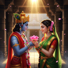 Krishna Radha lotus offering Hindu deities Indian culture
