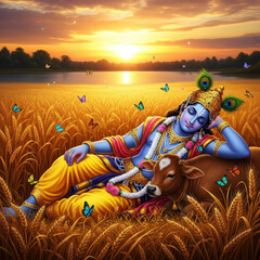 Krishna resting with cow in golden wheat field hindu deity