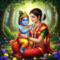 Mother holding baby god in forest nature