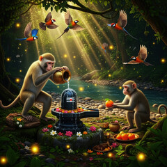 Monkeys worshiping lingam by river birds forest