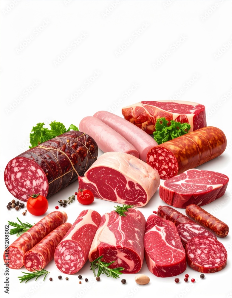 Poster Various Meats on White Backdrop with Red Beef Pork and Assorted Sausages