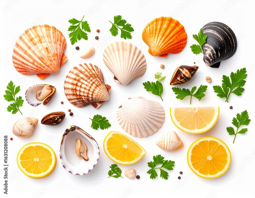 Poster assorted seashells with lemon slices and parsley on a white background in bright studio light