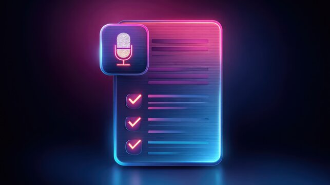 Digital checklist with neon microphone icon and glowing checkmarks