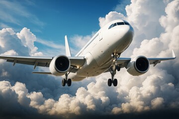 Obraz premium Commercial airplane flying through dramatic clouds with landing gear down, seen from below with bright natural light in the sky background. Ai generative