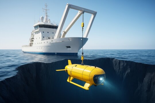 Yellow underwater exploration drone being lowered from a research vessel into a deep ocean trench under clear blue sky background during daylight. Ai generative - Powered by Adobe