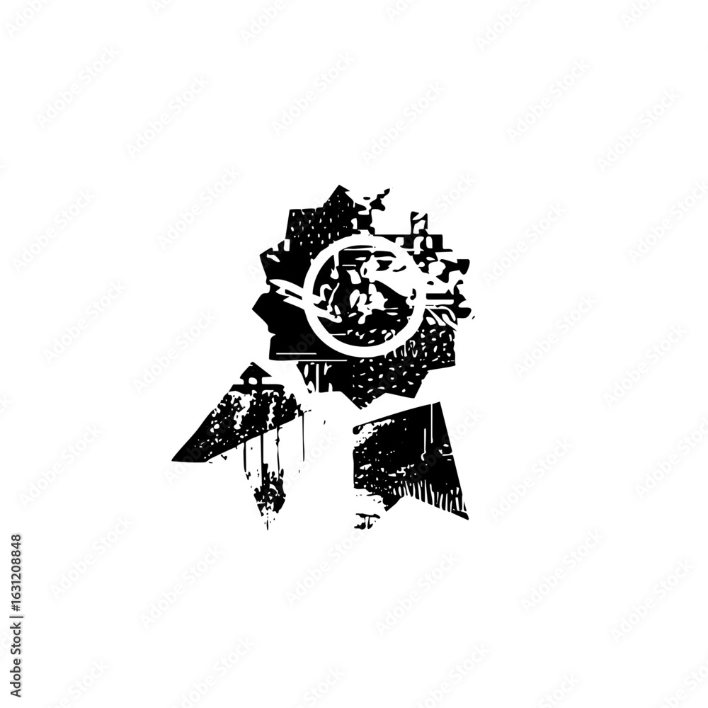 Aufkleber vector abstract emblem featuring a distressed circular portrait and fragmented geometric shapes.