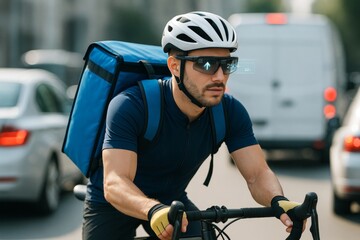 Futuristic bicycle courier wearing augmented reality smart glasses for navigation during food delivery on busy city street with soft daylight. Ai generative