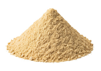 A small, perfectly formed mound of light beige or pale brown ginger powder, white background isolated