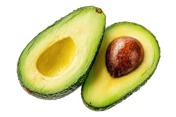 Two halves of a ripe avocado, displaying the inside flesh and seed