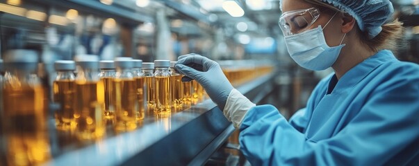 Pharmacist scientist with sanitary gloves examining medical vials on a production line conveyor belt in a pharmaceutical healthcare factory manufacturing prescription medication, Generative AI