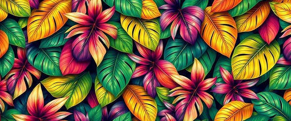 Vibrant tropical palmetto leaf seamless pattern, lush jungle background, design, pattern