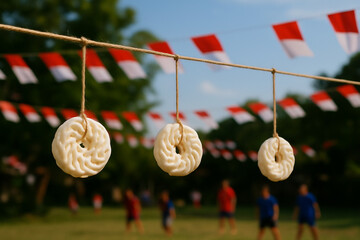 three crackers hanging on rope lomba kerupuk for indonesian celebration independent day