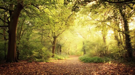 Naklejka premium Sunlit woodland path through vibrant foliage.