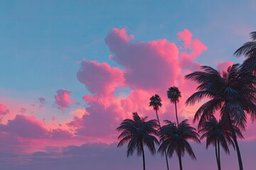 Silhouetted palm trees against a vibrant pink and blue sunset sky