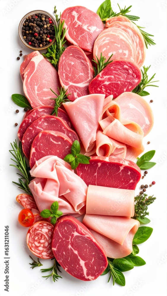 Poster assorted cold cuts display with fresh herbs in a clean white background flat lay
