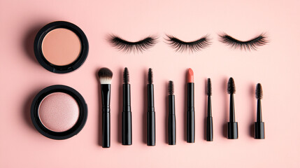 Makeup products arranged on pink background blush eyeshadow mascara lashes makeup brushes