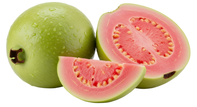 One whole, fresh, ripe pink guava, one halved pink guava, and one quartered pink guava, white background isolated