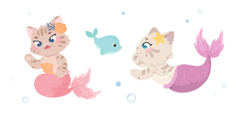Obraz premium Set of fairytale little mermaid kittens. Cute children's characters. Kawaii sea animals. Cats vector illustration