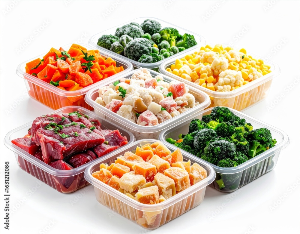 Poster assorted colorful fresh and frozen vegetables and meat in transparent containers on white background