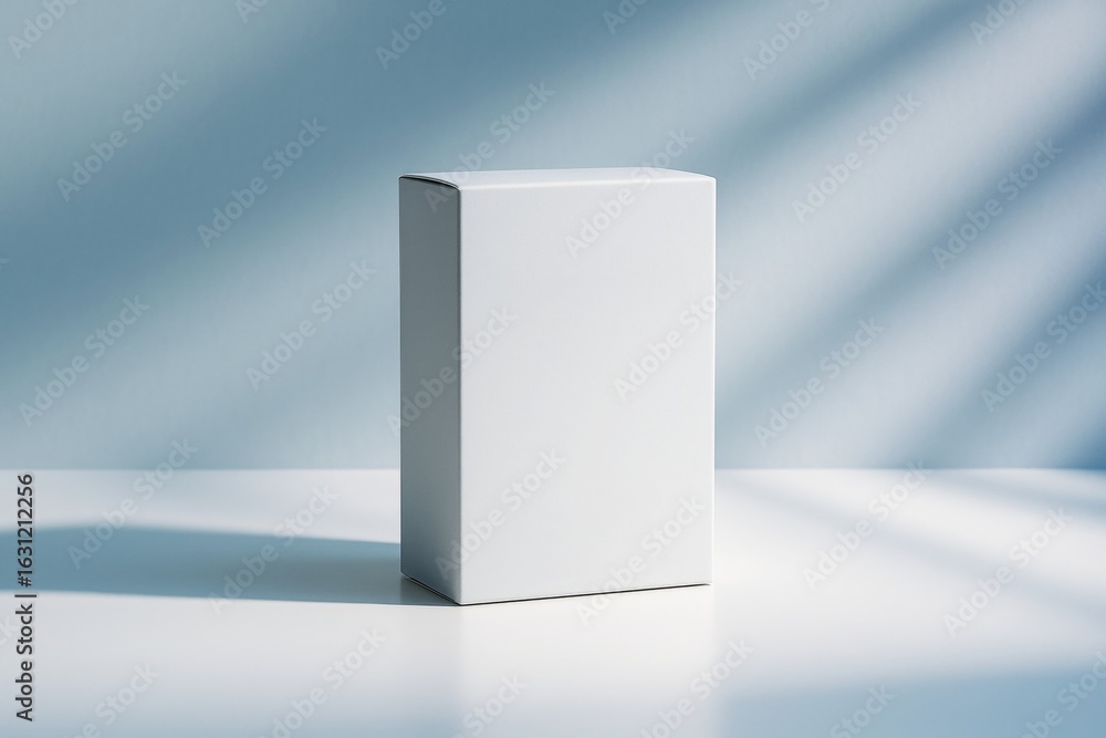 Poster minimal blank white box mockup standing on clean surface with soft shadows on blue background for br