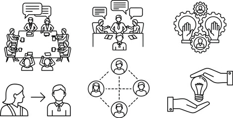 Obraz premium Vector art of meeting discussion, team gear, hand with bulb, person communication, and network connection