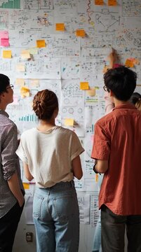 Young entrepreneurs collaborate on innovative ideas in a vibrant startup office while analyzing strategies