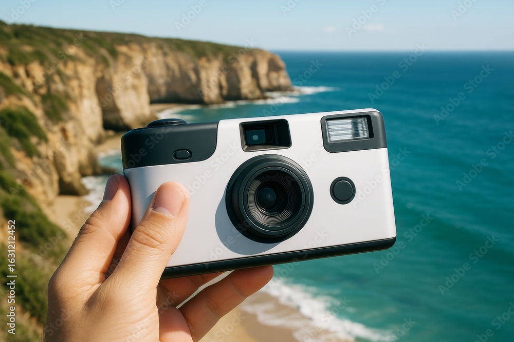 Poster closeup of hand holding modern compact camera in front of seaside cliff background for mockup or pro