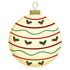 white and yellow Christmas Tree bauble Ball Decoration With Red Green Line isolated illustration