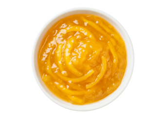 A white ceramic bowl filled with vibrant yuzu fruit marmalade, white background isolated