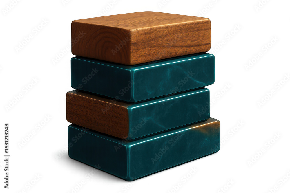 Poster marble and wooden blocks stacked vertically, creating minimalist architectural column structure agai