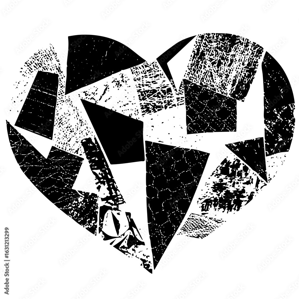 Poster vector abstract broken heart composed of geometric shapes.