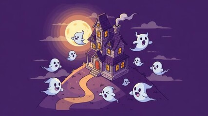 Spooky ghostly gathering at a haunted house on a moonlit night with eerie clouds and a winding path