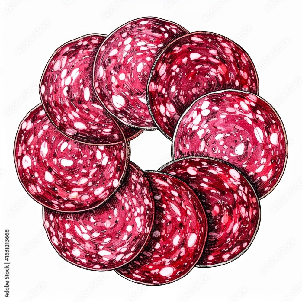 Poster circular salami arrangement featuring meat slices with intricate fat pattern on white backdrop