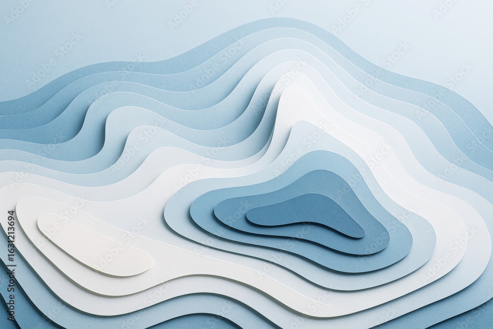 Poster abstract layered paper design in blue and white tones forming flowing topographic shapes on a soft l