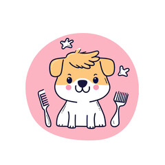Cute cartoon puppy dog with styled hair and grooming combs in pink circle background for pet care salon logo or banner vector illustration