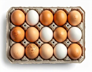 Overhead Shot of Dozen Chicken Eggs in a Cardboard Tray with Brown and White Shells