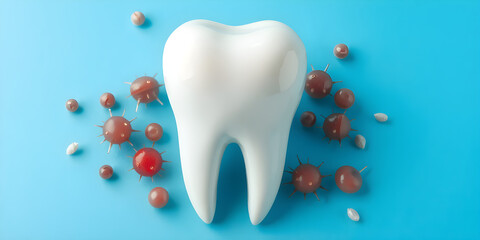 A dental health protection concept showcased by a pristine tooth surrounded by harmful bacteria models on a blue background, symbolizing oral hygiene and cavity prevention