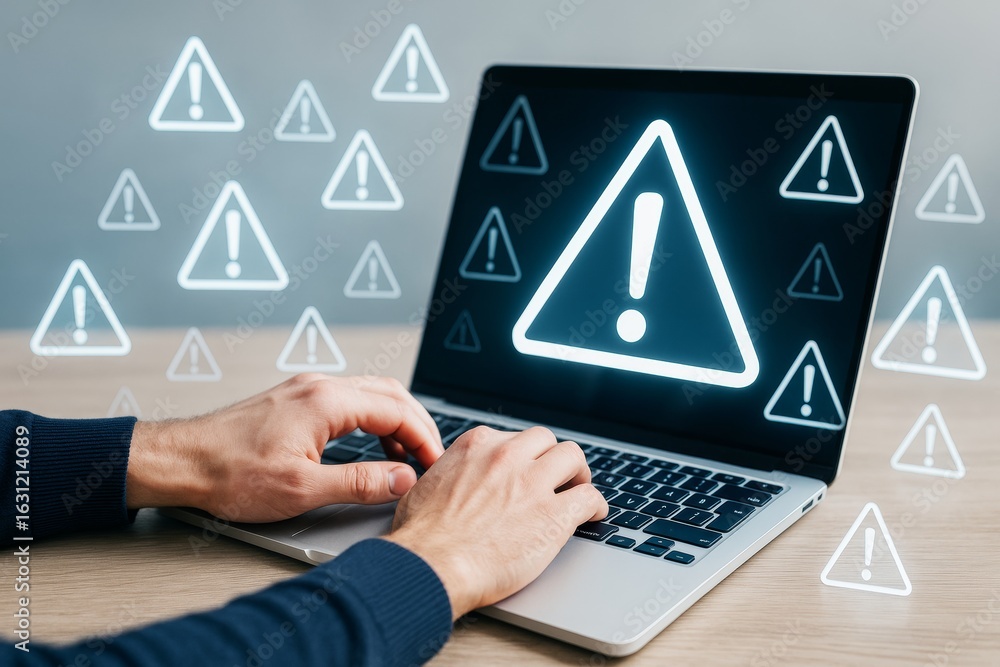 Aufkleber person typing on laptop with warning icons on screen symbolizing cyber threat or system alert on lig
