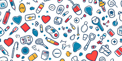 Seamless medical health icons pattern with pills syringes stethoscopes hearts blood pressure monitors and test tubes in flat minimalist style vector background