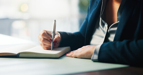 Journal, business woman and hands writing notes with schedule, to do list or reminder in office....
