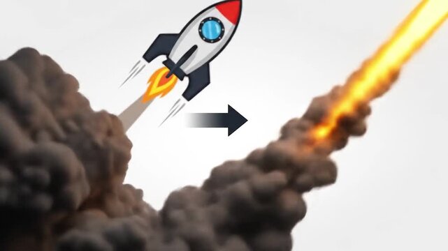 Conceptual graphic of a rocket launch, transitioning from a simple cartoon to a realistic fiery takeoff symbolizing growth and progress