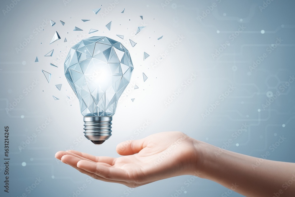 Poster hand holding glowing low-poly lightbulb with digital shards on tech-themed background symbolizing in