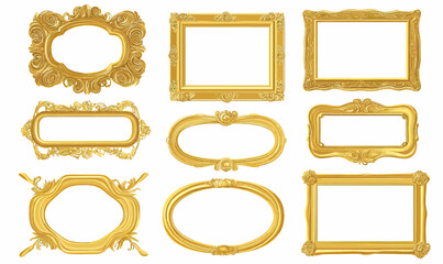 Set of nine ornate vintage gold picture frames with intricate baroque and rococo decorative elements on white background vector illustration