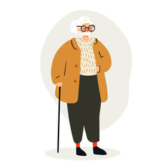 Elderly woman with white hair wearing brown coat and glasses standing with cane minimalist flat vector illustration