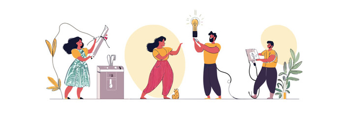 Diverse characters saving energy at home unplugging electronics switching off devices and holding glowing energy saving light bulb in minimalist style vector illustration