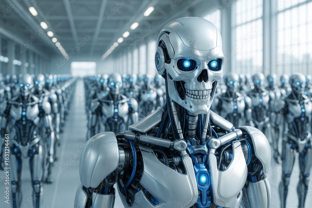 Poster futuristic humanoid robots with glowing blue eyes standing in symmetrical rows in a bright industria